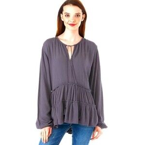 Kensie Jeans Charcoal Purple Hi-lo Crepe Tassel Peasant Blouse Large